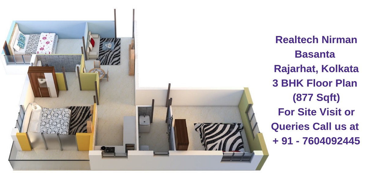 Realtech Nirman Basanta Rajarhat, Kolkata 3 BHK Floor Plan 877 Sqft