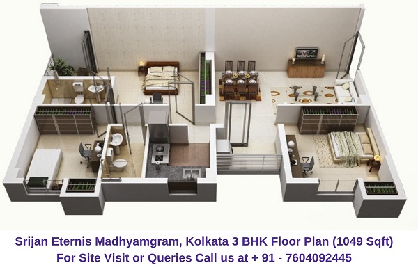 Srijan Eternis Madhyamgram, Kolkata 3 BHK Floor Plan 1049 Sqft