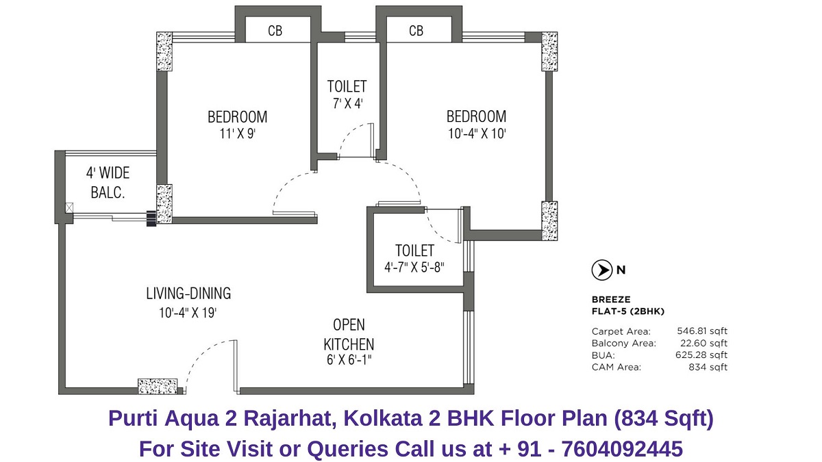 Purti Aqua 2 Rajarhat, Kolkata 2 BHK Floor Plan 834 Sqft