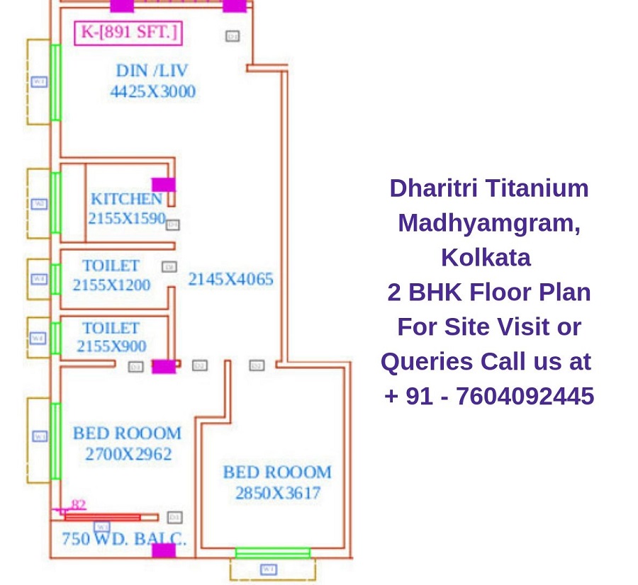 Dharitri Titanium Madhyamgram, Kolkata 2 BHK Floor Plan 891 Sqft