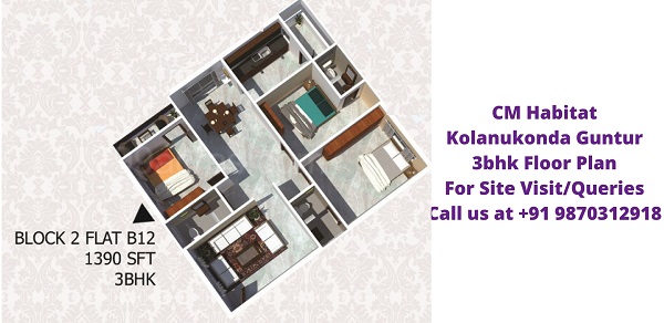 CM Habitat Kolanukonda Guntur 3bhk Floor Plan