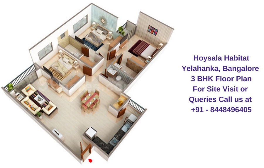 Hoysala Habitat Yelahanka, Bangalore 3 BHK Floor Plan