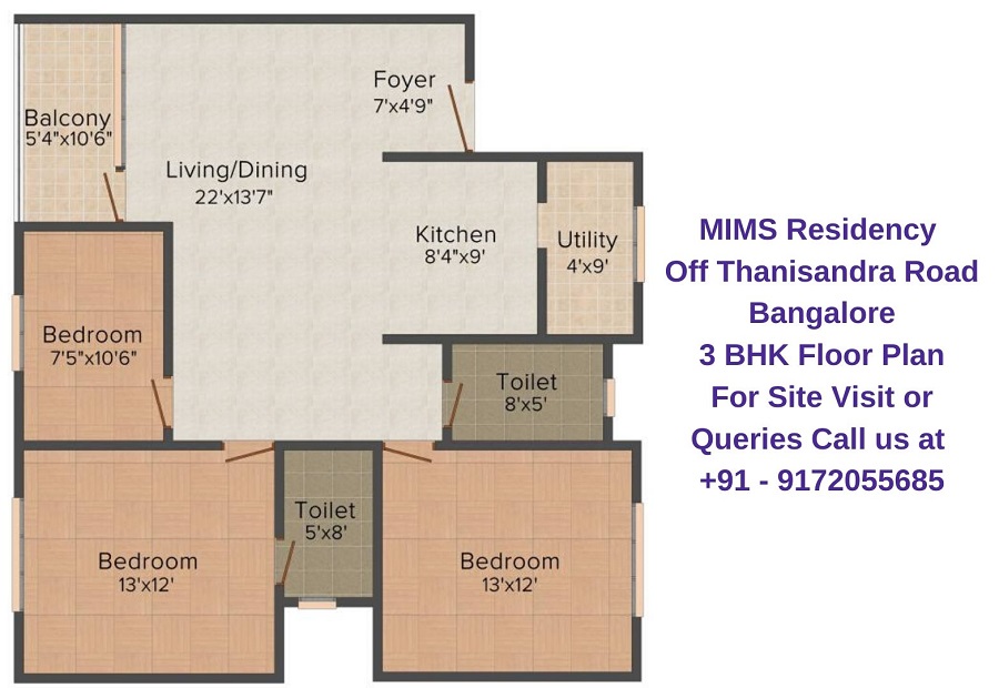 MIMS Residency Off Thanisandra Road Bangalore 3 BHK Floor Plan
