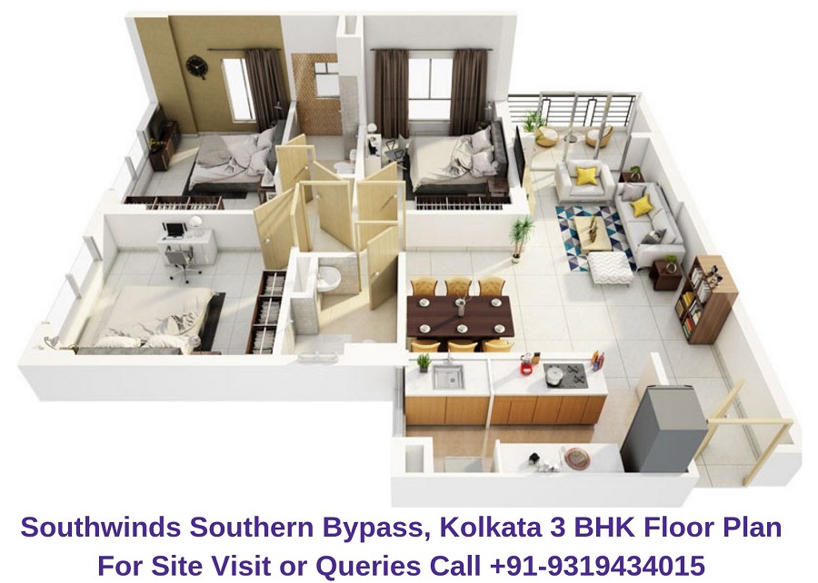 3 BHK Floor Plan of Southwinds Southern Bypass, Kolkata